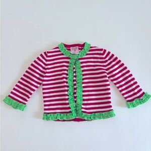 Mud Pie Christmas sweater cardigan red & white stripe w/ lime green trim 12-18m